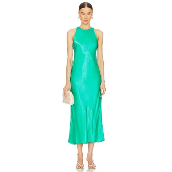 Rails Solene Midi Dress Satin Jade Green Sleeveless High Neck Slip Cocktail - Picture 3 of 5
